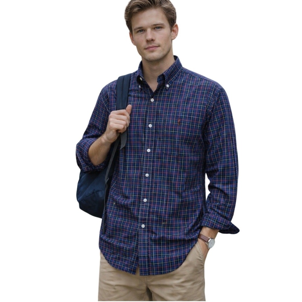 Ralph Lauren Blue Plaid Button Down Long Sleeve M Preppy Academia Ivy Casual